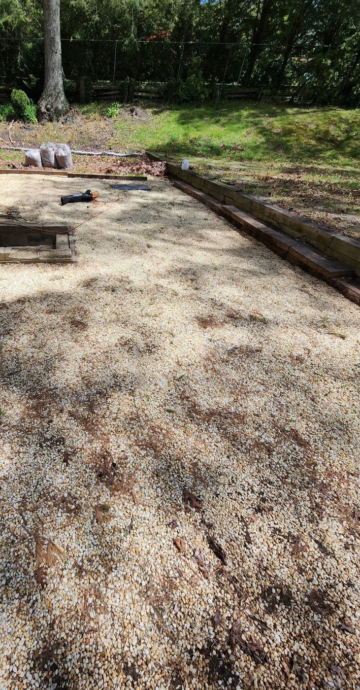 Excavated and leveled gravel sub-base with landscape timber edging during patio installation